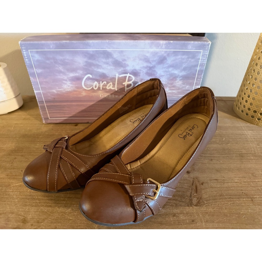 Coral Bay Collection Womens Brown Wedge Pumps Shoes Buckle Detail Size 7.5 M